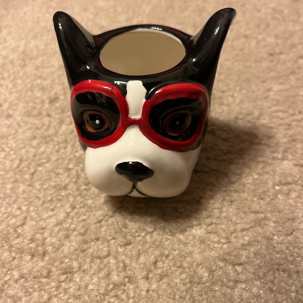 Ceramic small Boston terrier bulldog Dog Planter with Red and Black Accents